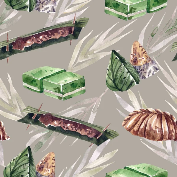 Watercolor Seamless Pattern Traditional Thai Sweets Gray Background Sticky Rice — 图库照片
