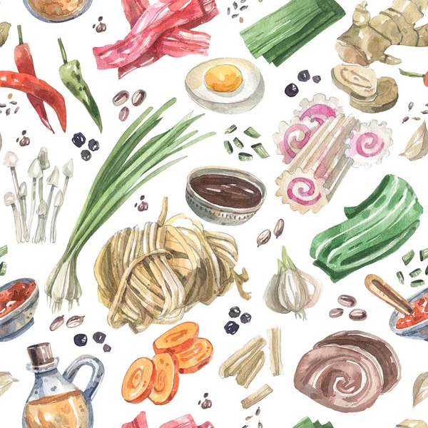 Watercolor Seamless Pattern Ingredients Traditional Asian Cuisine Sketch Style Tofu — Fotografia de Stock