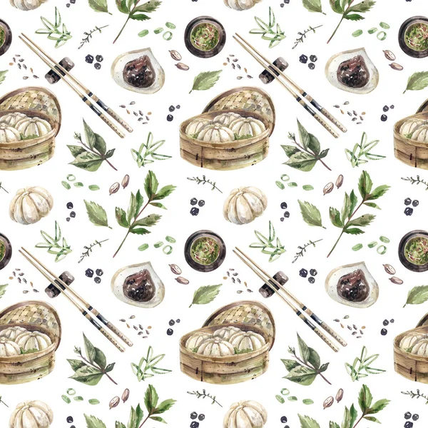Traditional Asian Steam Dumplings Seamless Pattern Sketch Style Dumplings Chopsticks — Stockfoto