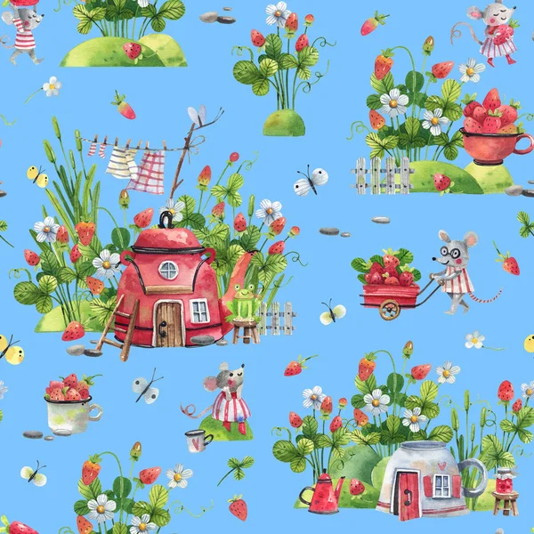 Cartoon Watercolor Seamless Pattern Strawberry Plants Strawberry Flowers Berries Fairy — Stockfoto
