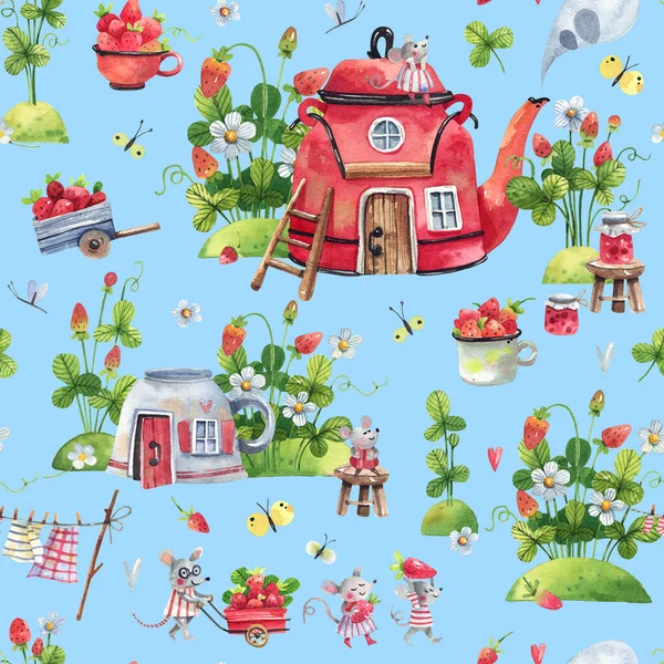 Kids Cartoon Seamless Pattern Strawberries Flowers Teapot House Blue Background — Stockfoto