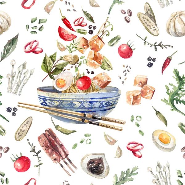 Watercolor Seamless Pattern Traditional Asian Food Products Watercolor Sketch Style — Stockfoto