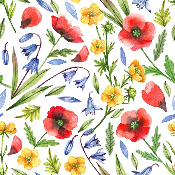 Watercolor Hand Painted Seamless Pattern Wild Fowers Poppy Bells Buttercups — Stock Photo, Image