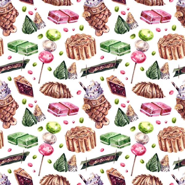 Traditional Asian Sweets Seamless Pattern White Background Watercolor Illustrations Thai — 图库照片