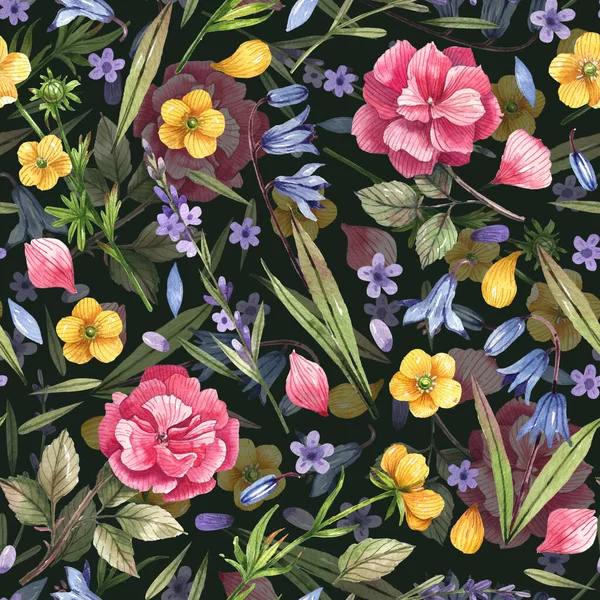 Acuarelă Model Floral Fără Sudură Ilustrații Desenate Manual Trandafiri Buttercupe — Fotografie, imagine de stoc