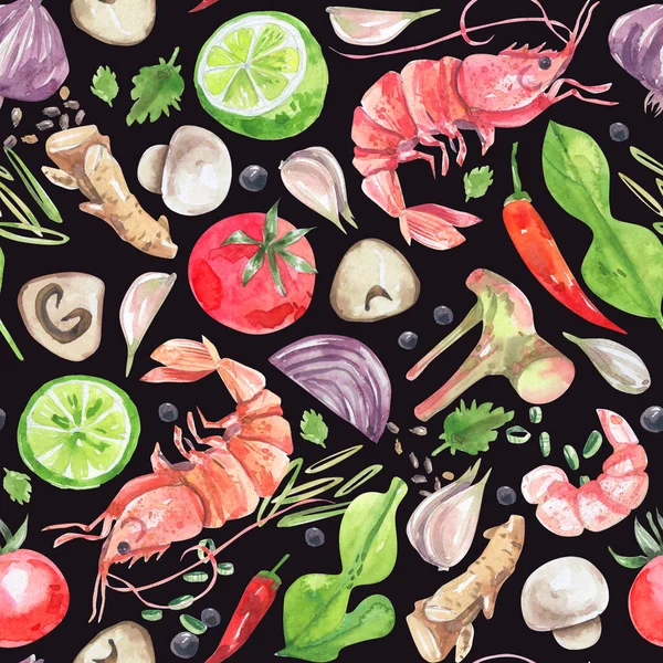 stock image Traditional Thai cuisine ingredients seamless pattern on black background. Watercolor illustration of shrimp, chili pepper, onion, garlic, vegetables background.