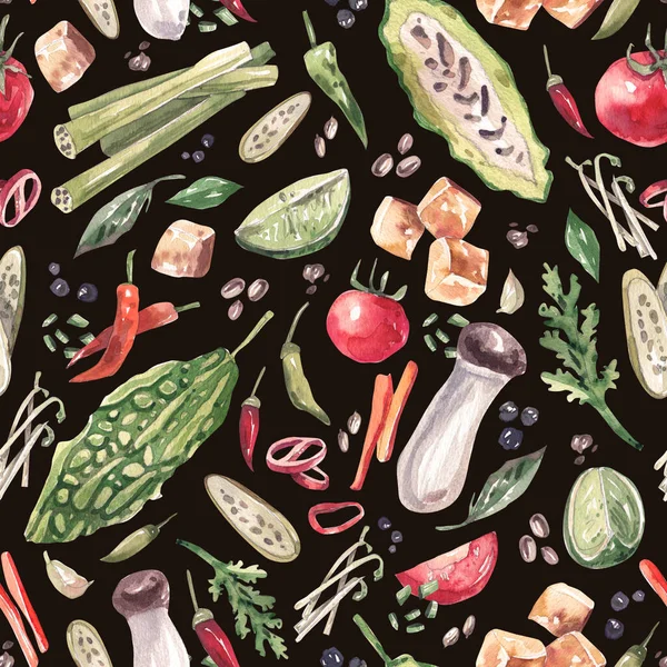 Bright Seamless Pattern Ingredients Traditional Asian Cuisine Vegetables Tofu Spices — Fotografia de Stock