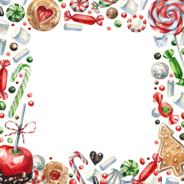 Christmas Illustration Frame Gingerbread Cookies Sweets Lollipops Cookies Isolated White — Stock Photo, Image