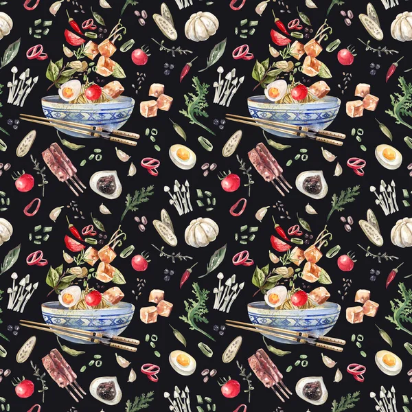 Watercolor, seamless pattern with traditional Asian food, sukiyaki, tofu bowl, vegetables and spices on a black background. Sketch style watercolor illustration asian food background.Traditional asian