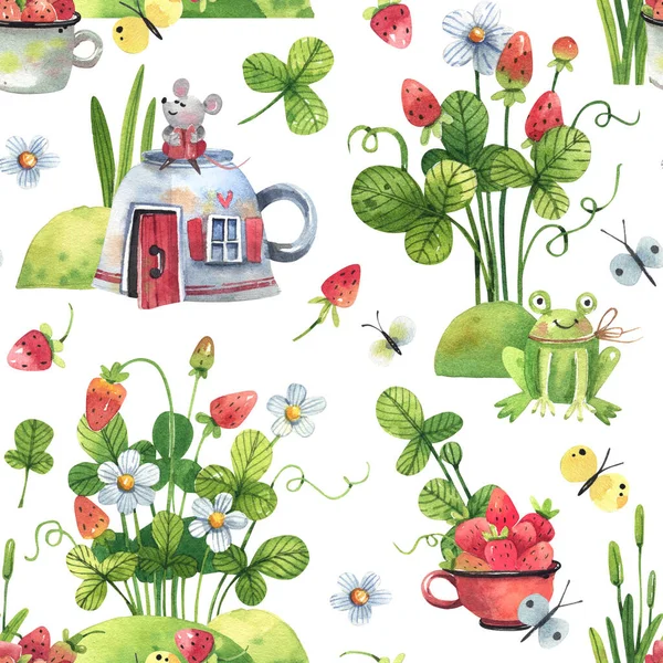 Watercolor Seamless Pattern Strawberries Flowers Fairy Houses Butterflies Cartoon Style — Stockfoto
