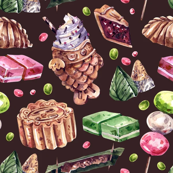 Traditional Asian sweets seamless pattern on  dark background. Watercolor illustrations of Thai, Japanese sweets. Taiyaki, sticky rice, mochi, jelly, moon cakes bright, seamless pattern.