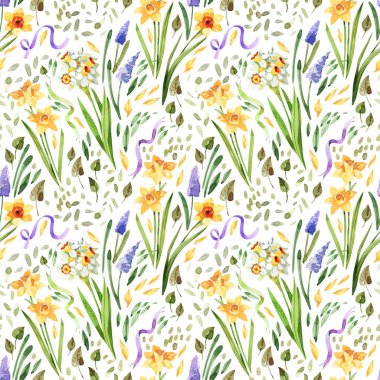 Suluboya bahar çiçekleri, nergis, muscari, sümbül, beyaz arka planda yeşil suluboya desenleri. Narin, çiçekli arkaplan, suluboya resimleme.
