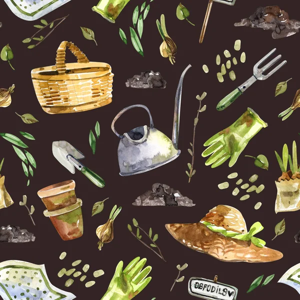 Aquarell Nahtloses Muster Mit Gartengeräten Grün Auf Dunklem Hintergrund Korb — Stockfoto