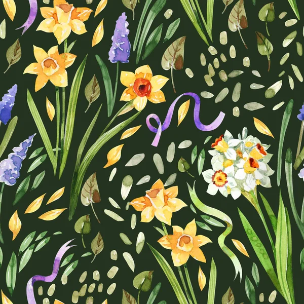 Patrón Sin Costuras Acuarela Brillante Con Flores Muscari Narcisos Hierbas — Foto de Stock