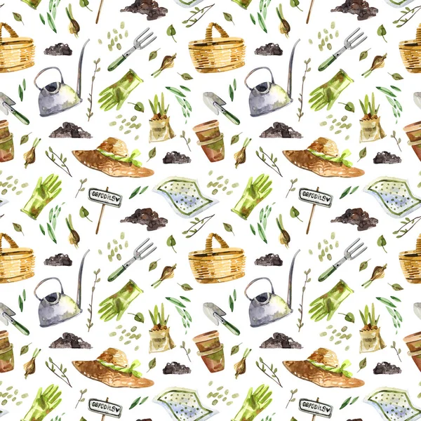 Vår Trädgård Arbete Akvarell Sömlös Mönster Trädgårdsverktyg Halmhatt Jord Växter — Stockfoto