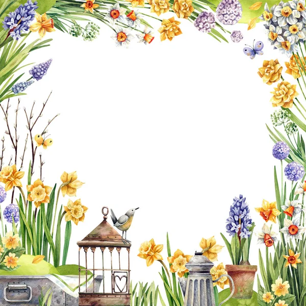 Watercolor Square Frame Spring Flowers Herbs Garden Decor Bird Yellow — Stock Photo, Image