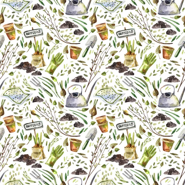 Aquarell Nahtloses Muster Mit Gartenwerkzeugen Pflanzen Und Anderen Gartenattributen Gartenarbeit — Stockfoto