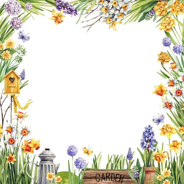 Frühling Garten Voller Blumen Narzissen Hyazinthen Muscari Quadratischen Rahmen Aquarell — Stockfoto