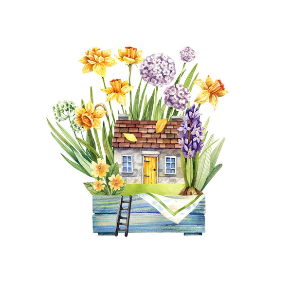 Vintage house in wooden garden box with daffodils bird watercolor illustration in shabby chic style. Fairy tale, spring illustration.