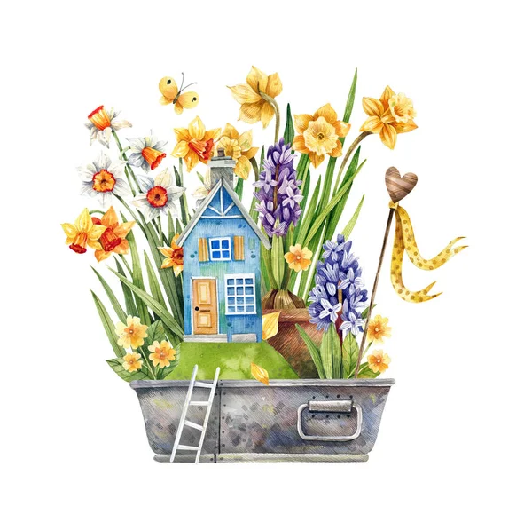 Akvarel Ilustrace Retro Zahradní Box Plný Narcisů Hyacinty Jarní Zeleň — Stock fotografie