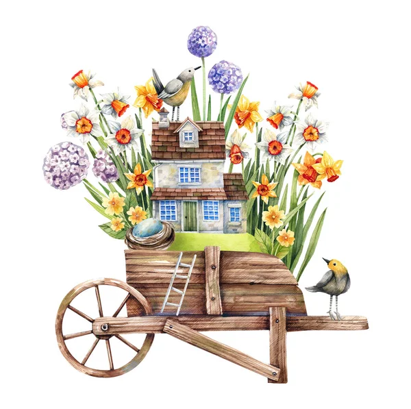 Pohádkové Akvarelové Ilustrace Jarní Narcisovou Zahradou Starým Venkovským Domem Farmářským — Stock fotografie