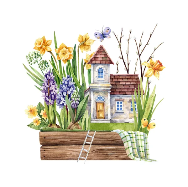 Watercolor illustration with a vintage garden box full of daffodils, hyacinths and spring greenery with a rustic farmhouse.  Spring house in the garden  Isolated on a white background.