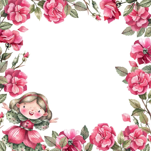 Pink roses garden and flower fairy square watercolor frame. Floral template for design cards, invitations, scrapbooking