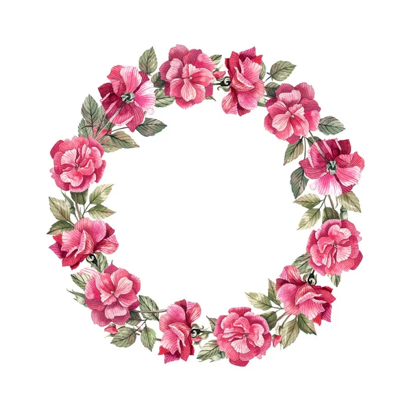 Kranz Mit Blüten Und Knospen Rosa Rosen Aquarell Bemalt Floraler — Stockfoto