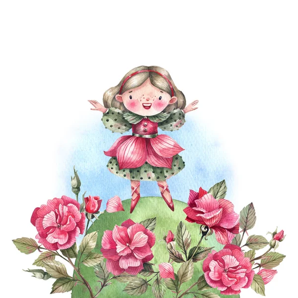 在草地上穿着粉色连衣裙的美丽的花公主 上面有玫瑰花的水彩画 — 图库照片