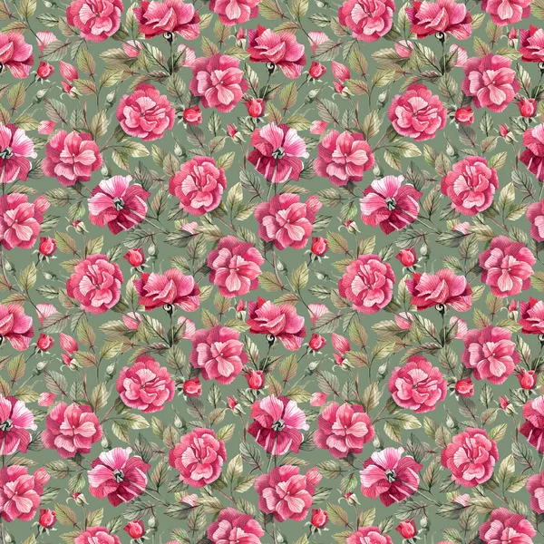 Floral Seamless Pattern Branches Pink Roses Woven Ornament Watercolor Illustration — Stock Photo, Image
