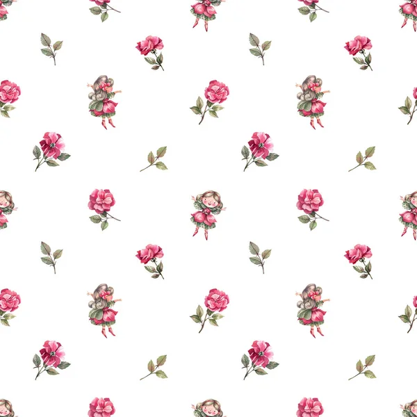 Pink Roses Cute Floral Princesses White Background Seamless Watercolor Pattern — Stock Photo, Image
