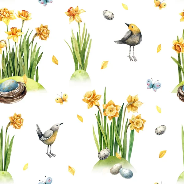 Watercolor Illustration Seamless Pattern Spring Flowers Daffodils Birds Eggs White — Stock Photo, Image