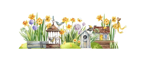 Fairy Tale Watercolor Illustration Flower Street Daffodils Hyacinths Primroses Birdhouses — Stock Photo, Image