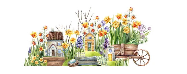 童话水彩画 有春天花园 水仙花 风信子 老房子和鸟 杯子和房屋 — 图库照片
