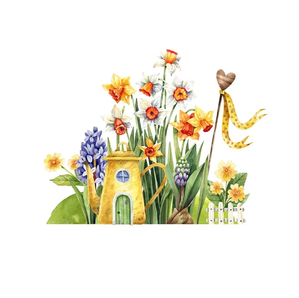Yellow Teapot House Garden Daffodils Primroses Fabulous Watercolor Illustration Spring — Stock Photo, Image