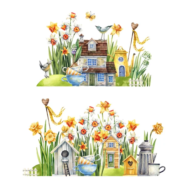 Spring Flower Streets Daffodils Old Houses Primroses Birds Birdhouses Teapots — Stock Photo, Image