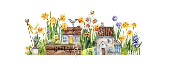 有春天花园的花街 水仙花 风信子 老房子和鸟 童话水彩画 杯子和房屋 — 图库照片