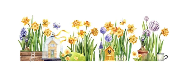 Fairy Tale Watercolor Illustration Flower Street Daffodils Hyacinths Primroses Birdhouses — Stock Photo, Image