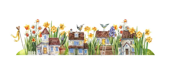 一条开满鲜花的街道 有水仙花 处女膜 樱草花 老房子和小鸟 童话水彩画 杯子和房屋 — 图库照片