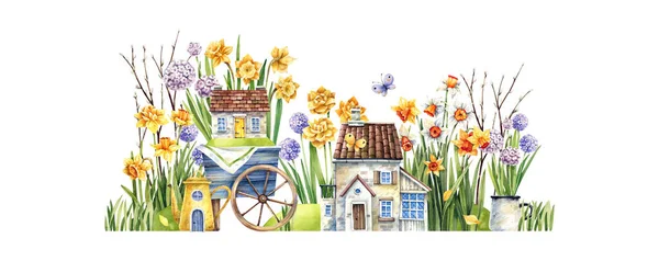 Watercolor Illustration Vintage Style Spring Flower Street Daffodils Hyacinths Old — Stock Photo, Image