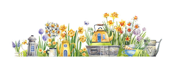 Иллюстрация акварели. Цветочная улица с даффодилами, гиацинтами, приматами, чайниками, чашками и бабочками. Цветы, чашки и дома.