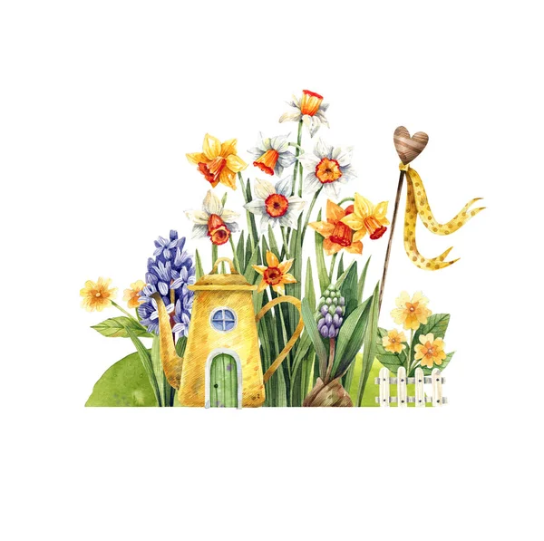 黄色茶壶的房子在水仙花花园和樱桃花令人难以置信的水彩画 春天的花朵和华丽的房子 — 图库照片