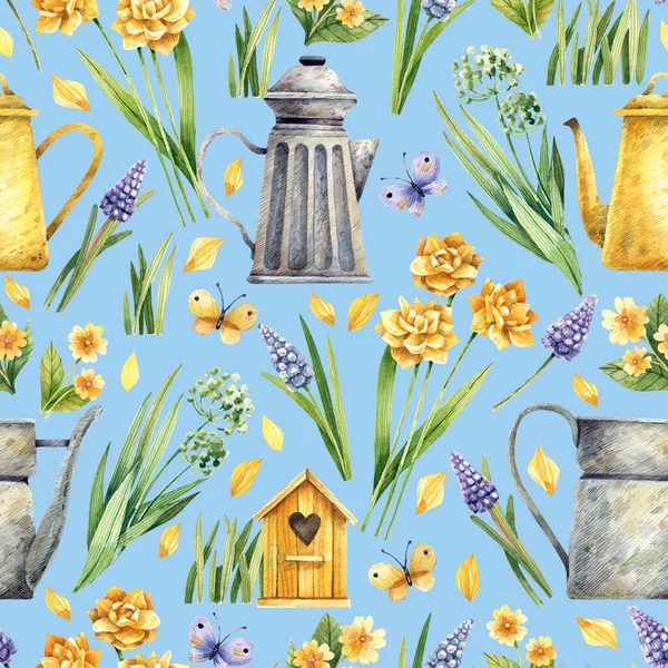 Patrón Sin Costuras Primavera Con Flores Narciso Muscari Latas Riego —  Fotos de Stock