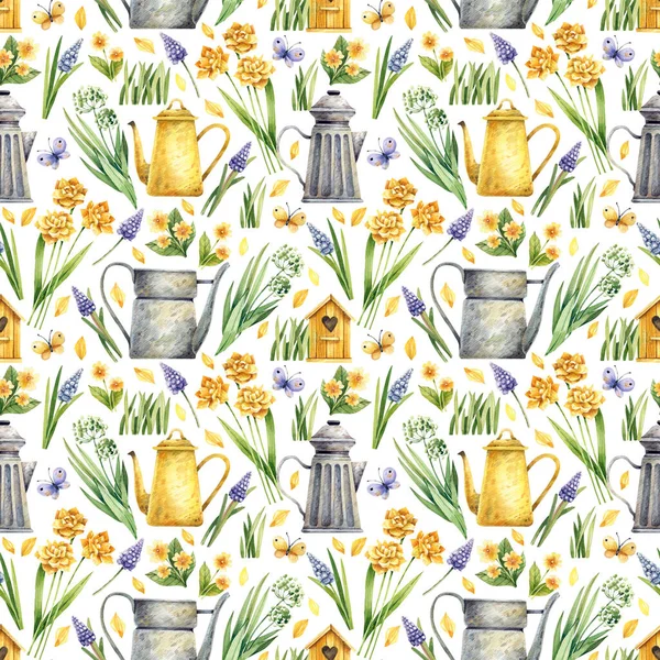 Nahtloses Muster Mit Gartengeräten Und Frühlingsblumen Auf Weißem Hintergrund Narzissen — Stockfoto