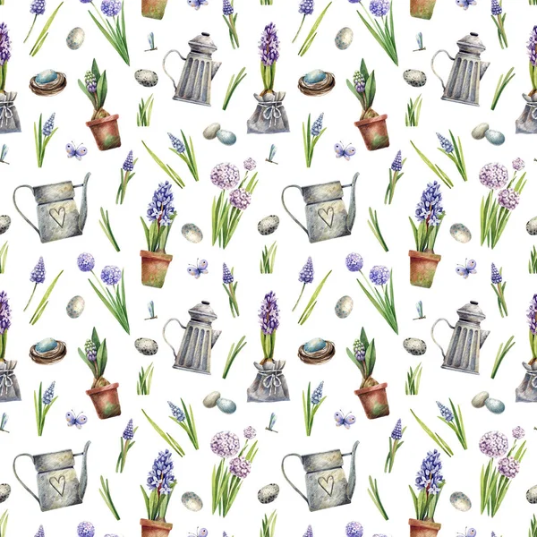 Vår Trädgård Sömlöst Mönster Med Våren Blommor Hyacinter Vattning Burkar — Stockfoto