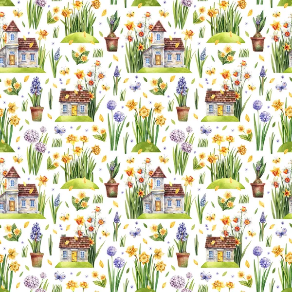 Watercolor Seamless Pattern Spring Flowers Daffodils Old Houses White Background — Stock Photo, Image