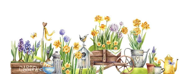 Spring Garden Blooming Daffodils Hyacinths Wooden Boxes Carts Watering Cans — Stock Photo, Image