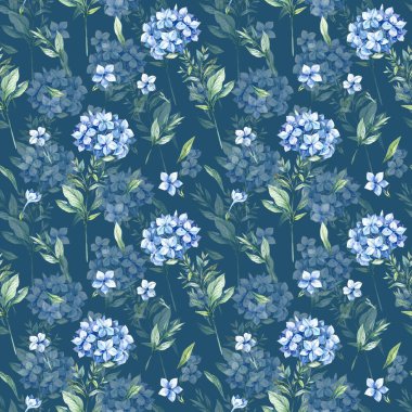 Suluboya, lacivert arka planda mavi Plumbago çiçekleriyle kusursuz desen. Çiçek arka planı.
