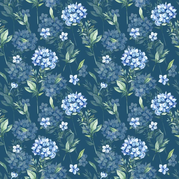 Aquarel Naadloos Patroon Met Blauwe Plumbago Bloemen Een Donkerblauwe Achtergrond — Stockfoto