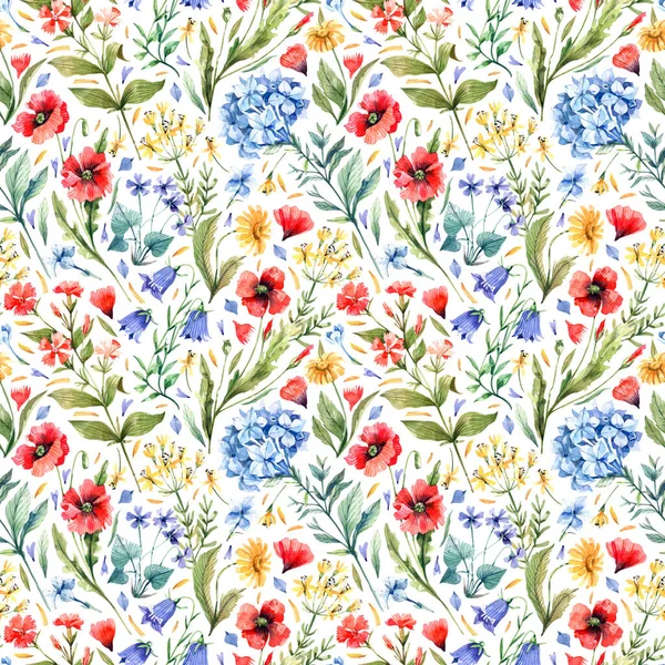 Watercolor Floral Seamless Pattern Wild Flowers White Background Wild Flowers — Stock Photo, Image